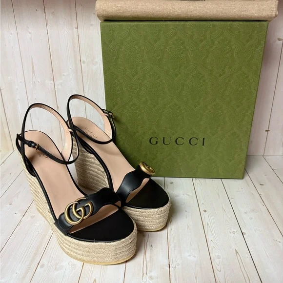 Gucci Nappa Matelasse GG Marmont Platform Espadrille Wedges Black Sz 41.5 / 11.5 - Picture 2 of 11